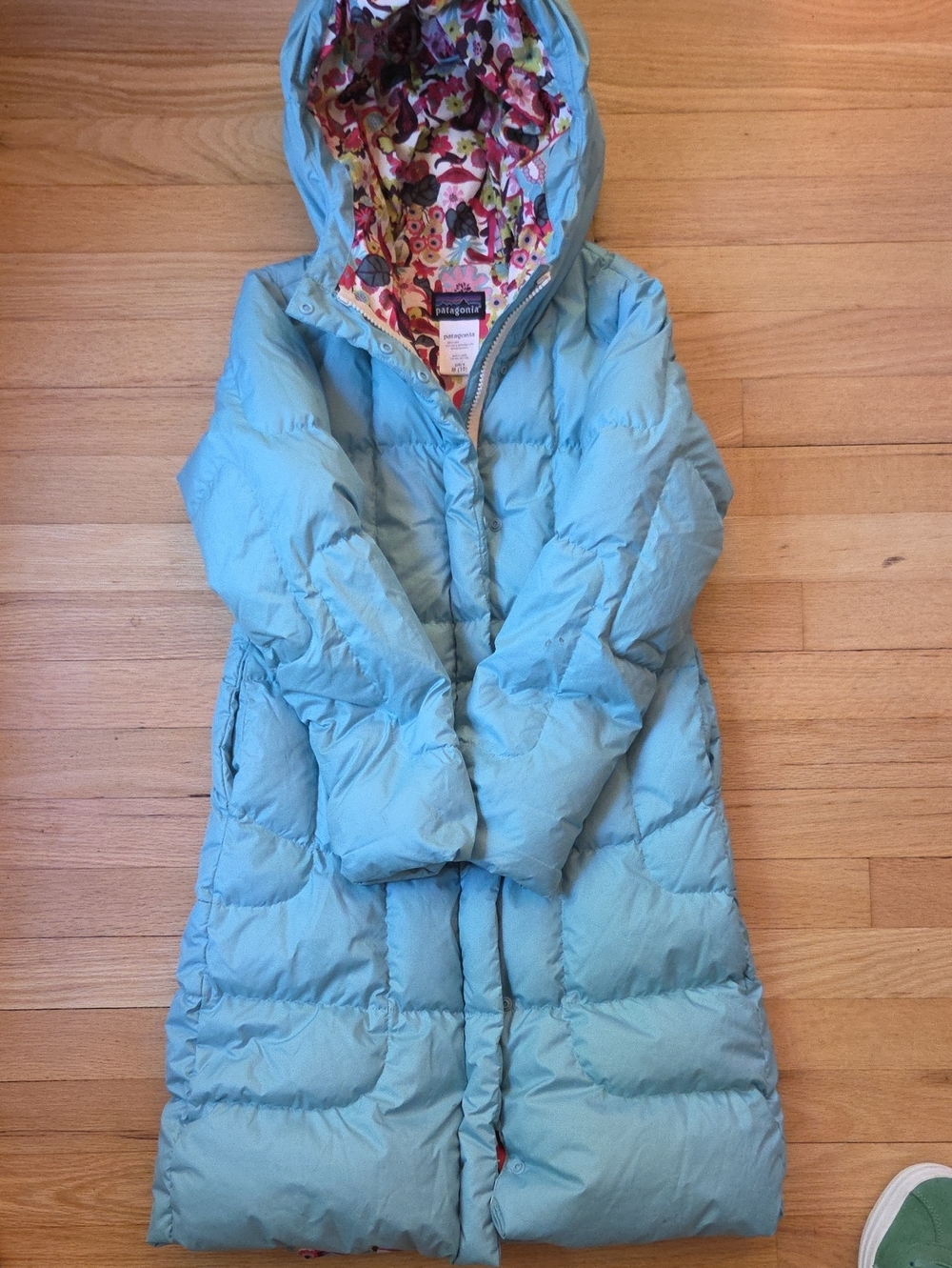 Patagonia Girls Down Coat Long Puffer Parka Light Teal Floral Hood Size M 10